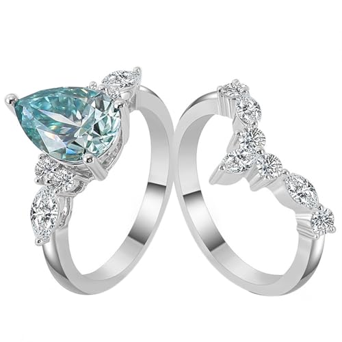 Hoisy 18K Weißgold Trauring Damen Weissgold 750 Eheringe für Frauen 54 2 Ringe Set mit Birne Hellblauer Moissanit 3 Ct von Hoisy