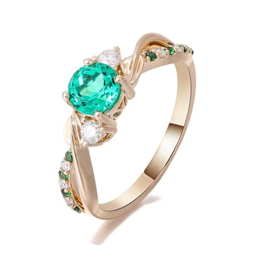 Hoisy 9K Gelbgold Goldring Damen Echtgold 53 Eheringe für Frauen 375 Ring Grün Smaragd Labor Rund von Hoisy