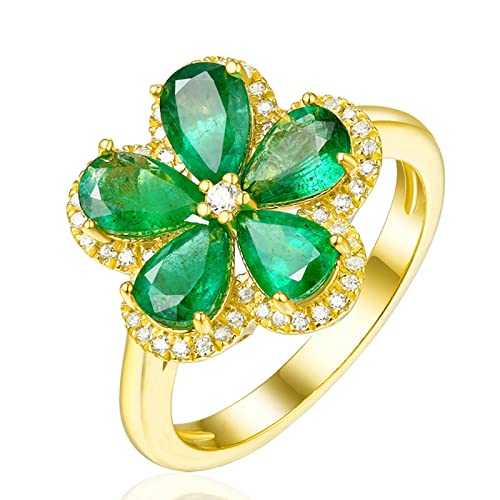 Hoisy Ehering für Damen, 18 Karat Gelbgold, Smaragdring, Blume mit Smaragd im Birnenschliff, Smaragd von Hoisy