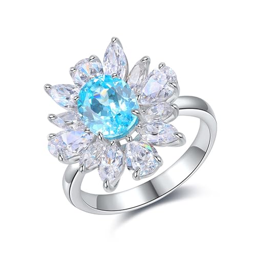 Hoisy Silber Ring 925 Damen 54 Ring Gänseblümchen mit Ovalem Labor Paraiba Turmalin Seeblau Eheringe Frauen von Hoisy