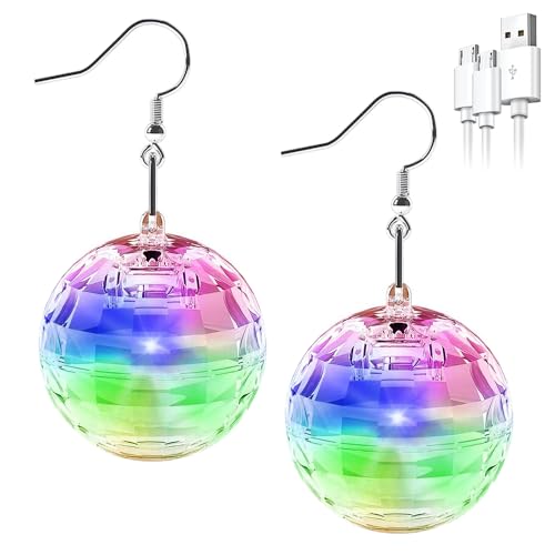 Hojalis 1 Paar Discokugel Ohrringe, LED Ohrringe Disco Ball Ohrringe, 7 RGB Licht Projektion Licht Ohrringe, Disco Ohrringe für Wiederaufladbare LED Ohrringe für 60er 80er 70er Jahre Karneval Fasching von Hojalis