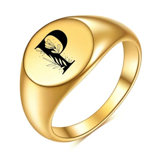 Frauen Männer Blume A-Z Buchstabe Gold Farbe Fingerring Initialen Name Alphabet Weibliche Partei Chunky Ringe Edelstahl Schmuck von Hokech