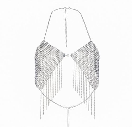 Glänzende Körperkette Tanktop für Damen Metallic-Strass-Detail Fransenbesatz Harness BH Festival-Festival-Party-Outfits von Hokech