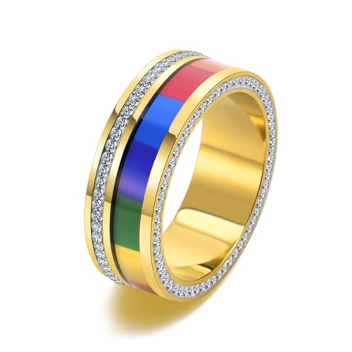 Hokech 7 mm breite Markendesign Strass 316L Edelstahlringe für Frauen Goldfarbener Hochzeitsschmuck von Hokech