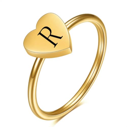 Hokech A-Z Buchstabe Goldfarbe Fingerring Herzring Liebe Minimalistischer Brief Name für Frauen Männer Hochzeitsschmuck Geschenk von Hokech