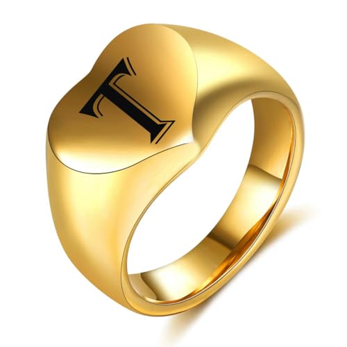 Hokech Big Gold Initiale Name Alphabet Finger Ringe Herz Edelstahl Unisex Personalisierter Schmuck Accessoires Ring für Frauen Männer von Hokech