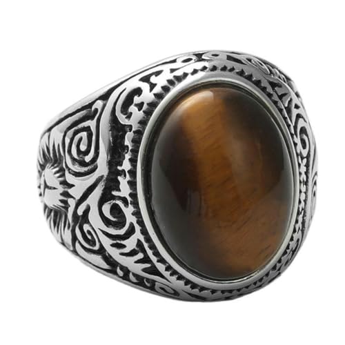 Hokech Punk Natural Dashi Tiger Eye Ring für Männer Frauen Retro Edelstahl geschnitztes Muster Stempel Großer Stein Ring Mode Schmuck Geschenk von Hokech