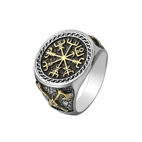 Hokech Vintage Edelstahl Wikinger Kompass Ring Männer Nordic Biker Doppelaxt Wikinger Ring Amulett Mode Schmuck Geschenk von Hokech