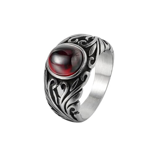 Hokech Vintage Edelstahl geschnitzter roter Steinring für Männer Frauen Punk Mode Roter Granat Natürlicher Edelsteinring Männer Schmuck Geschenk von Hokech