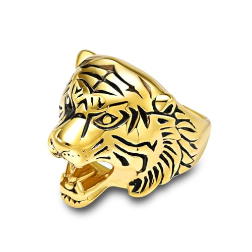 Klassischer Edelstahl Tiger Kopf Ring Punk Hip Hop Gold/Stahl Tiger Ring für Männer Frauen Biker Party Tier Schmuck Geschenk von Hokech