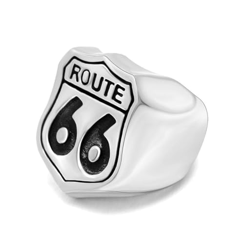 Punk Hip Hop 316L Edelstahl Route 66 Ring für Männer Junge Einfacher Stahl/Schwarz/Gold Bikerring Amulett Schmuck Geschenk von Hokech