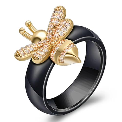 Ring Kristall Biene Ringe für Frauen Schwarz und Weiß Keramik Hochzeit Design Gold Farbe Schmuck Geschenk Accessoire von Hokech