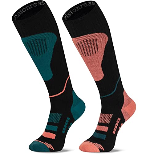 Skisocken für Herren & Damen Thermo Skistrümpfe Merinowolle Kompression Socken Atmungsaktiv Kniestrümpfe Wintersocken, 2 Paar Dunkelgrün/Orange L von Hokieni