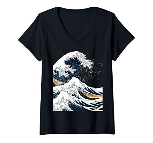 Damen Die große Welle von Kanagawa Hokusai japanische Kunst T-Shirt mit V-Ausschnitt Damen Die große Welle von Kanagawa Hokusai japanische Kunst T-Shirt mit V-Ausschnitt von Hokusai Die Große Welle