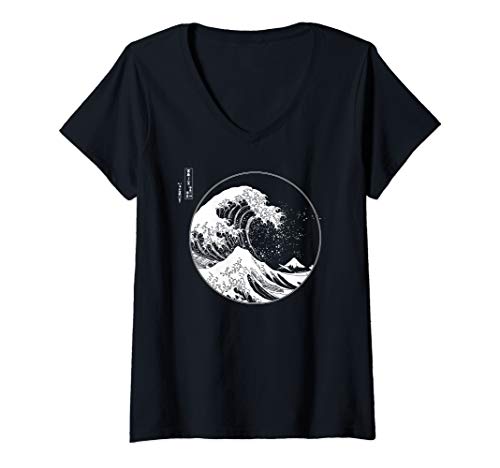 Damen Die große Welle aus Kanagawa Hokusai Japanische Kunst T-Shirt mit V-Ausschnitt von Hokusai Great Wave Design