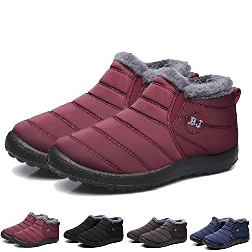 Boojoy Winterstiefel, Winter-Schneestiefel für Herren und Damen, Pelzfutter wasserdichte Slip On Outdoor Warme Stiefeletten (Rot, Numeric_36) von HOKUTO