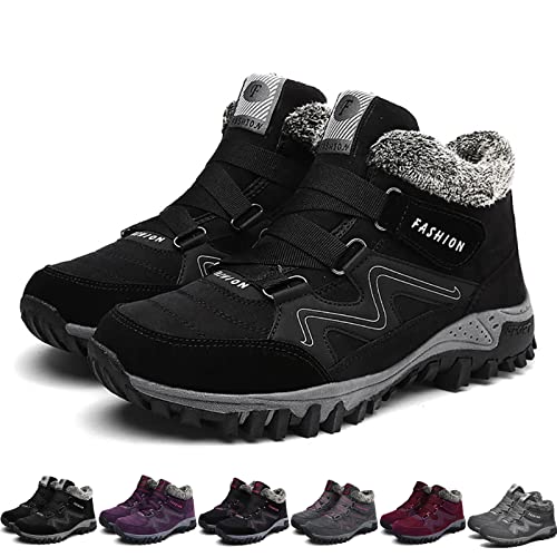 Fleekcomfy Snowy Villi Leder Stiefeletten, Damen und Herren Winter Thermal Villi Leder Plateau Fashion High Top Stiefel (Dunkles Schwarz, numeric_38) von HOKUTO