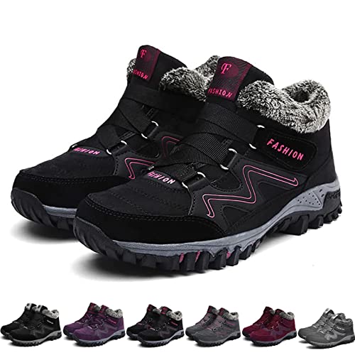 Fleekcomfy Snowy Villi Leder Stiefeletten, Damen und Herren Winter Thermal Villi Leder Plateau Fashion High Top Stiefel (Schwarze Rose, Numeric_42) von HOKUTO