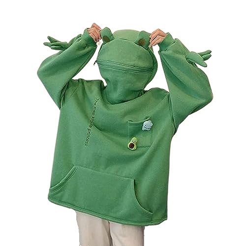 Frog Hoodie, Frog Hoodie Zipper Mouth, Mittellanger Fleecepullover Kawaii Sweatshirt Hoodie, Lustiger Frosch Kapuzenpullover (2XL, Green) von Hokuto