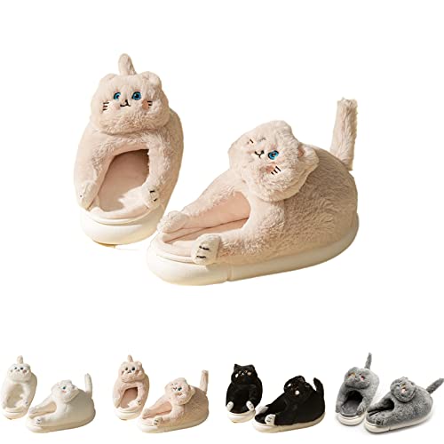 Hausschuhe Katze, Plüsch Weiche Bequeme Flauschige Hausschuhe Damen, Pantoffeln Warme Rutschfeste Cozy Slippers (Beige, adult, numeric_40, numeric_range, eu_footwear_size_system, numeric_41, medium) von Hokuto