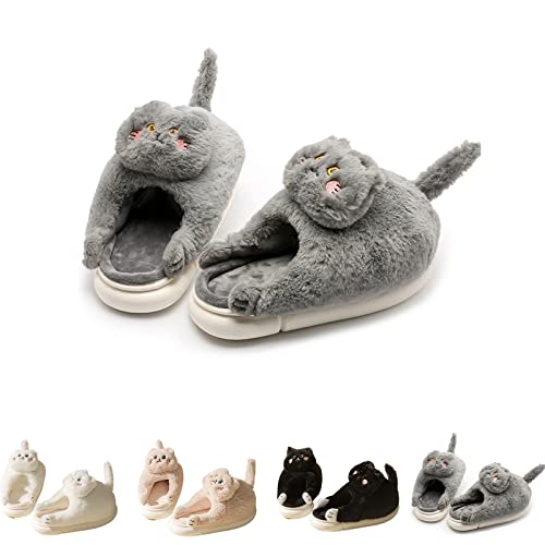 Hausschuhe Katze, Plüsch Weiche Bequeme Flauschige Hausschuhe Damen, Pantoffeln Warme Rutschfeste Cozy Slippers (Grau, adult, numeric_38, numeric_range, eu_footwear_size_system, numeric_39, medium) von Hokuto