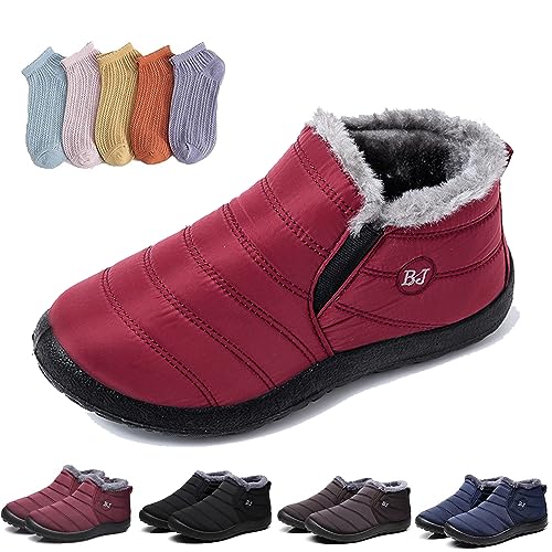 Hokuto Boojoy Stiefel, Boojoy Winter Shoes, Boojoy Winterstiefel, Fur Lining Waterproof Warm Ankle Boots With 5 Pairs Socks (Rot, adult, numeric_38, numeric, eu_footwear_size_system, wide) von Hokuto