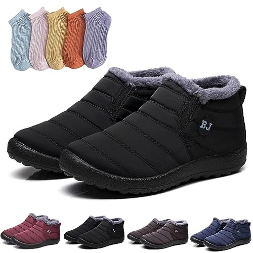 Hokuto Boojoy Stiefel, Boojoy Winter Shoes, Boojoy Winterstiefel, Fur Lining Waterproof Warm Ankle Boots With 5 Pairs Socks (Schwarz, adult, numeric_35, numeric, eu_footwear_size_system, wide) von Hokuto