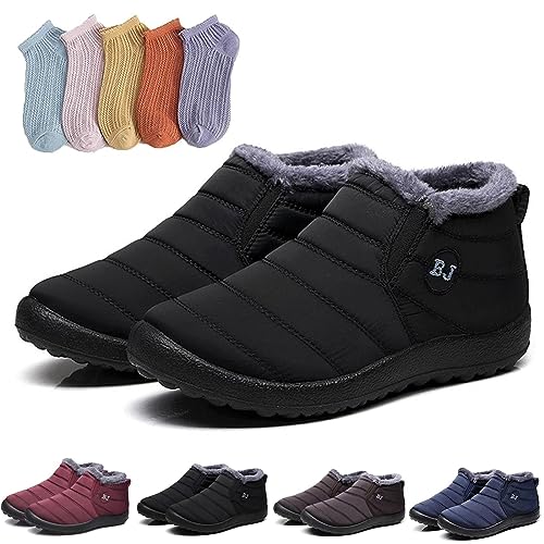 Hokuto Boojoy Stiefel, Boojoy Winter Shoes, Boojoy Winterstiefel, Fur Lining Waterproof Warm Ankle Boots With 5 Pairs Socks (Schwarz, adult, numeric_36, numeric, eu_footwear_size_system, wide) von Hokuto
