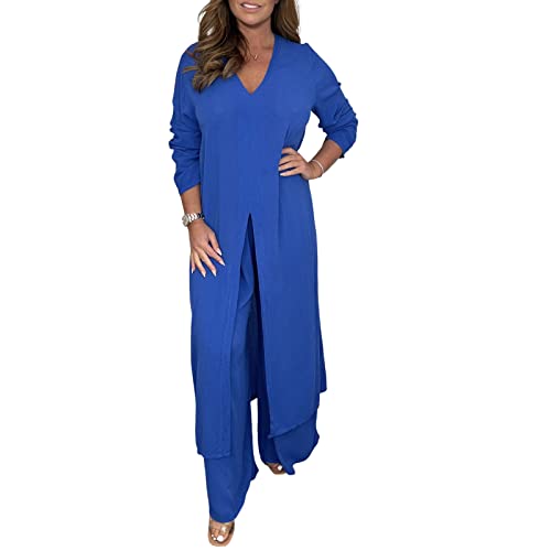 Hokuto Casual Two Pieces Suit With Long Top & Matching Trouser, 2023 Solid 2 Pieces Outfits Slit Hem Longline Blouse Set (Blue, 2XL) von Hokuto