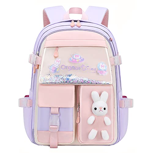 Hokuto Hasen Rucksack, Kawaii Hasen Rucksack für Mädchen, wasserdichte Kawaii Büchertasche mit großer Kapazität für die Klassen 1-6 (Lila, Large) von Hokuto