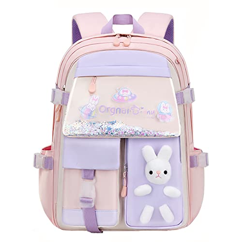 Hokuto Hasen Rucksack, Kawaii Hasen Rucksack für Mädchen, wasserdichte Kawaii Büchertasche mit großer Kapazität für die Klassen 1-6 (Pink, Large) von Hokuto