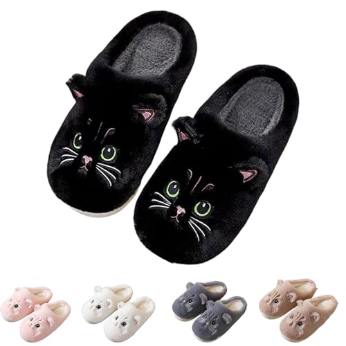 Hokuto Hausschuhe Katzen, Katzen Hausschuhe Damen, Flauschig PlüSch Hausschuhe FüR Damen Kawaii Shoes Cozy Slippers (Schwarz, Erwachsene, 38, Numerisch (von/bis), EU Schuhgrößensystem, 39, Breit) von Hokuto