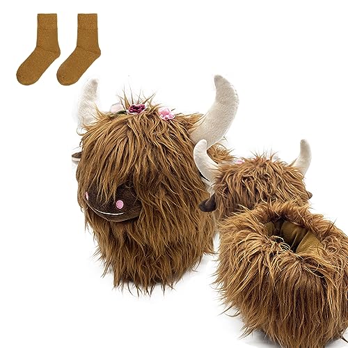 Hokuto Highland Cow Hausschuhe, Highland Rind Hausschuhe, Kuh Hausschuhe für Frauen, weiche warme Tierhausschuhe für Zuhause, Indoor Hausschuhe mit einem Paar Socken. (Dunkelbraun, one_size) von Hokuto