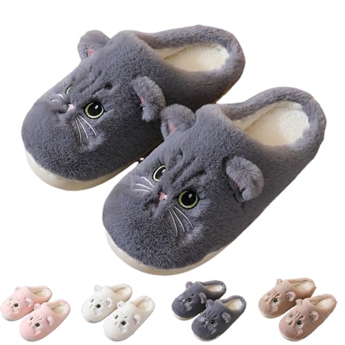 Hokuto Katzen Hausschuhe Damen, Flauschig PlüSch Hausschuhe FüR Damen Kawaii Shoes Cozy Slippers (grey, 42) von Hokuto