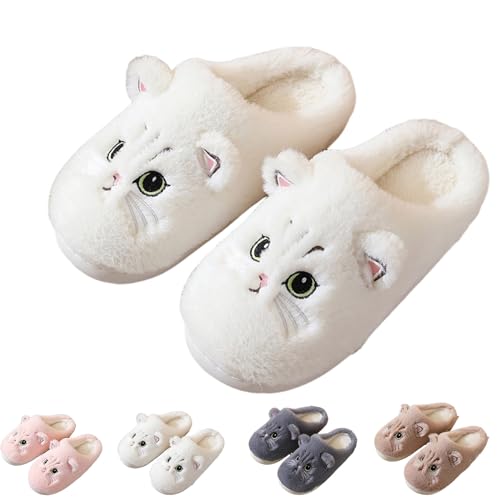 Hokuto Katzen Hausschuhe Damen, Flauschig PlüSch Hausschuhe FüR Damen Kawaii Shoes Cozy Slippers (white, 36) von Hokuto