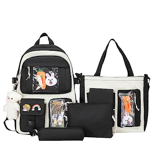 Hokuto Kawaii Rucksack Mit Pins Und Zubehör, Süßer Rucksack, Große Kapazität, Schulrucksack Mit Mehreren Taschen, Japanischer Rucksack Für Mädchen (A-Black) von Hokuto