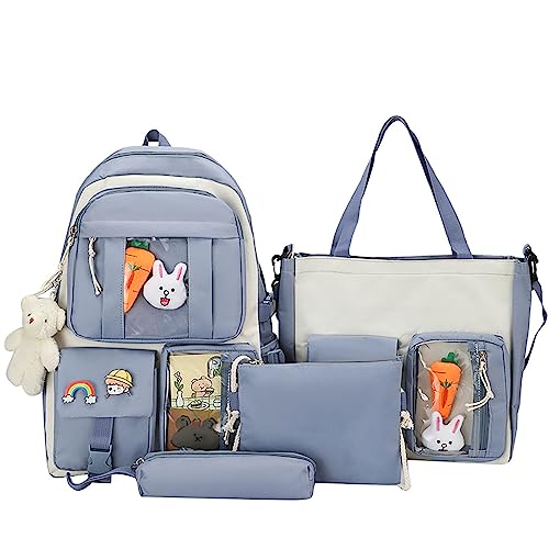 Hokuto Kawaii Rucksack Mit Pins Und Zubehör, Süßer Rucksack, Große Kapazität, Schulrucksack Mit Mehreren Taschen, Japanischer Rucksack Für Mädchen (A-Blue) von Hokuto