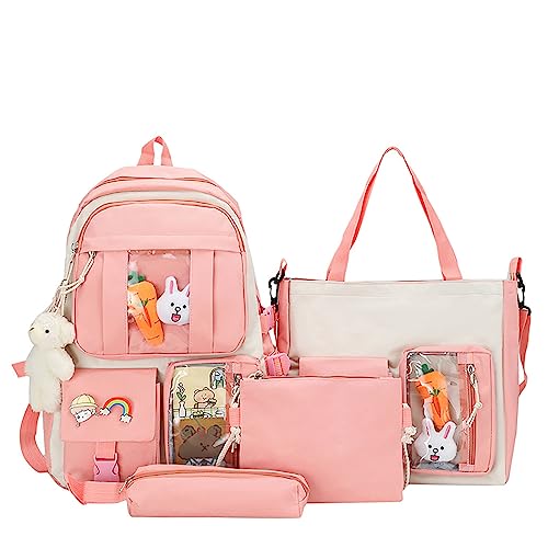 Hokuto Kawaii Rucksack Mit Pins Und Zubehör, Süßer Rucksack, Große Kapazität, Schulrucksack Mit Mehreren Taschen, Japanischer Rucksack Für Mädchen (A-Pink) von Hokuto