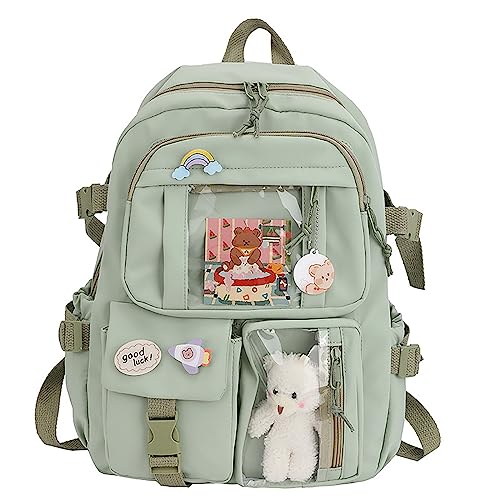 Hokuto Kawaii Rucksack Mit Pins Und Zubehör, Süßer Rucksack, Große Kapazität, Schulrucksack Mit Mehreren Taschen, Japanischer Rucksack Für Mädchen (Green) von Hokuto