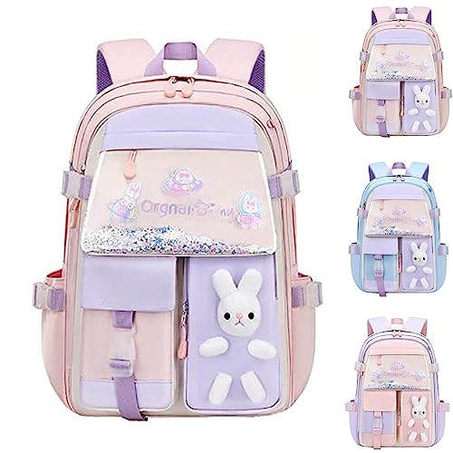 Hokuto Kawaii Rucksack Schule Kinder Mädchen Teenager Kaninchen-Backpack Süßer Hasen Große Kapazität Wasserdicht Rucksack (A-Pink-Small) von Hokuto