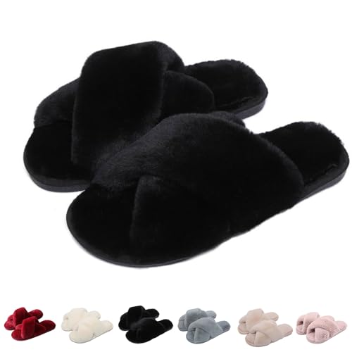 HOKUTO PlüSchhausschuhe FüR Damen, Hausschuhe Damen PlüSch Warm Cozy Slippers Hausschuhe Flauschig Damen (Black, Erwachsene, 40, Numerisch (von/bis), EU Schuhgrößensystem, 41, Breit) von HOKUTO