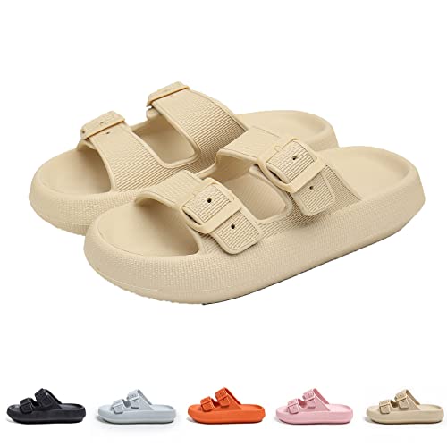 Hokuto Sandalen Cloud Schnallen, Wolke Hausschuhe Damen Zweireihig, Unisex Sommer Strand Schuhe Sandalen (Khaki, adult, numeric_38, numeric_range, eu_footwear_size_system, numeric_39, wide) von Hokuto