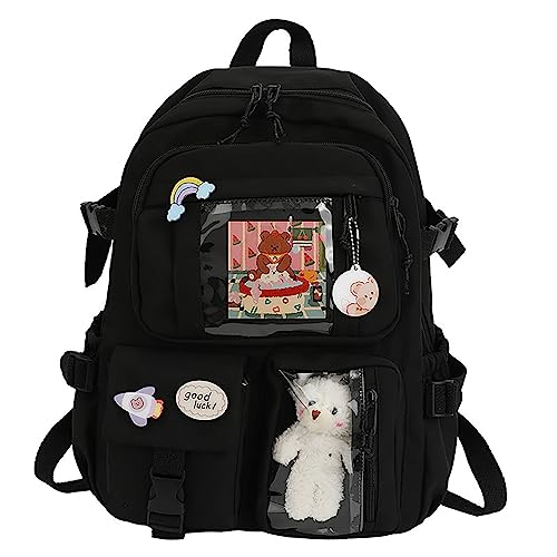 Kawaii Rucksack Mit Pins Und Zubehör, Süßer Rucksack, Große Kapazität, Schulrucksack Mit Mehreren Taschen, Japanischer Rucksack Für Mädchen (Black) von Hokuto