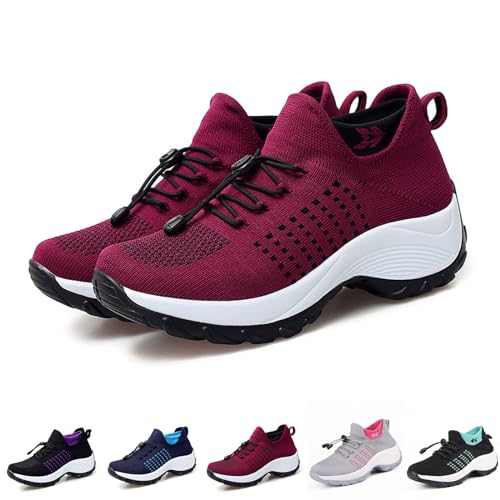 OrthopäDische Komfortschuhe FüR Frauen, Modische Sockenschuhe, Atmungsaktive Sportschuhe FüR Damen (Rot, Erwachsene, 40, Numerisch, EU Schuhgrößensystem, Breit) von Hokuto