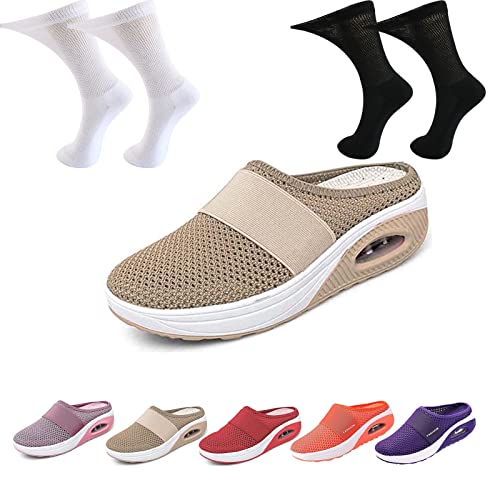 Orthopädische Diabetiker-Laufschuhe Zum Hineinschlüpfen Mit Luftkissen, Ortorex Schuhe Diabetiker Sandalen Walkin Schuhe Damen Für Geschwollene Füße Mit 2 Paar Diabetikersocken (Beige, 41) von Hokuto