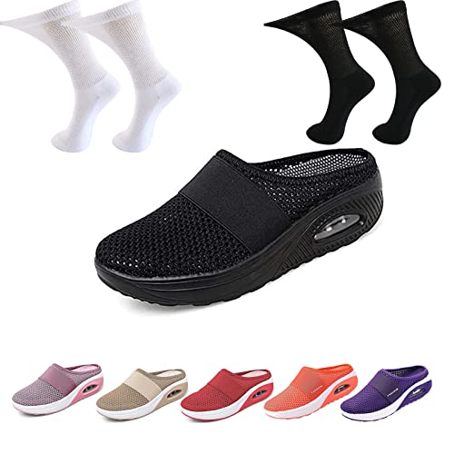 Orthopädische Diabetiker-Laufschuhe Zum Hineinschlüpfen Mit Luftkissen, Ortorex Schuhe Diabetiker Sandalen Walkin Schuhe Damen Für Geschwollene Füße Mit 2 Paar Diabetikersocken (Black, 38) von Hokuto