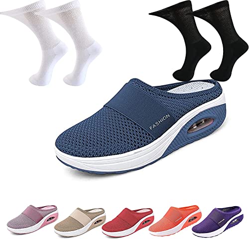 Orthopädische Diabetiker-Laufschuhe Zum Hineinschlüpfen Mit Luftkissen, Ortorex Schuhe Diabetiker Sandalen Walkin Schuhe Damen Für Geschwollene Füße Mit 2 Paar Diabetikersocken (Dark Blue, 39) von Hokuto