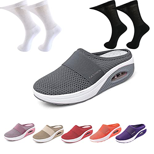 Orthopädische Diabetiker-Laufschuhe Zum Hineinschlüpfen Mit Luftkissen, Ortorex Schuhe Diabetiker Sandalen Walkin Schuhe Damen Für Geschwollene Füße Mit 2 Paar Diabetikersocken (Dark Gray, 37) von Hokuto