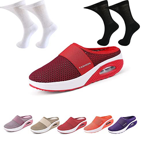 Orthopädische Diabetiker-Laufschuhe Zum Hineinschlüpfen Mit Luftkissen, Ortorex Schuhe Diabetiker Sandalen Walkin Schuhe Damen Für Geschwollene Füße Mit 2 Paar Diabetikersocken (Dark Red, 40) von Hokuto