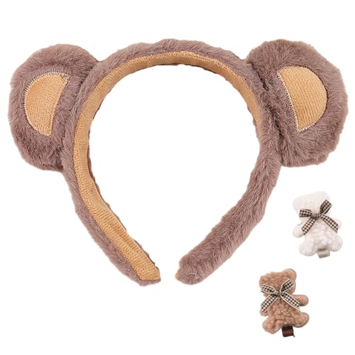 Teddybär-Ohren-Stirnband, 1/2/4 Stück flauschige braune Teddybär-Ohren, Stirnbänder für Erwachsene und Kinder, mit 2 Bären-Clips (Khaki) von Hokuto